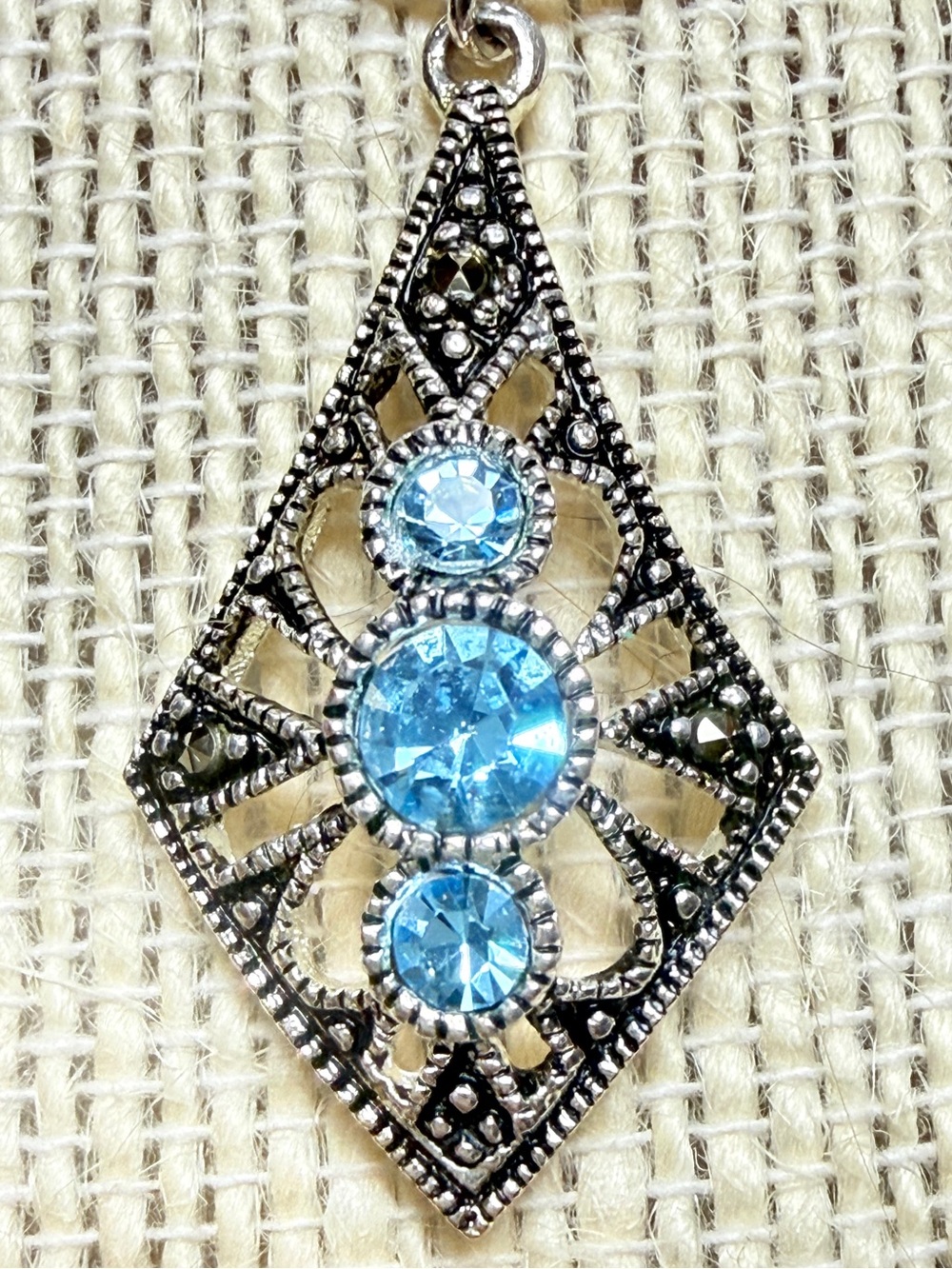 Silver & Blue AquaMarine Marcasite Filigree Pendant Necklace Sterling Silver 16”